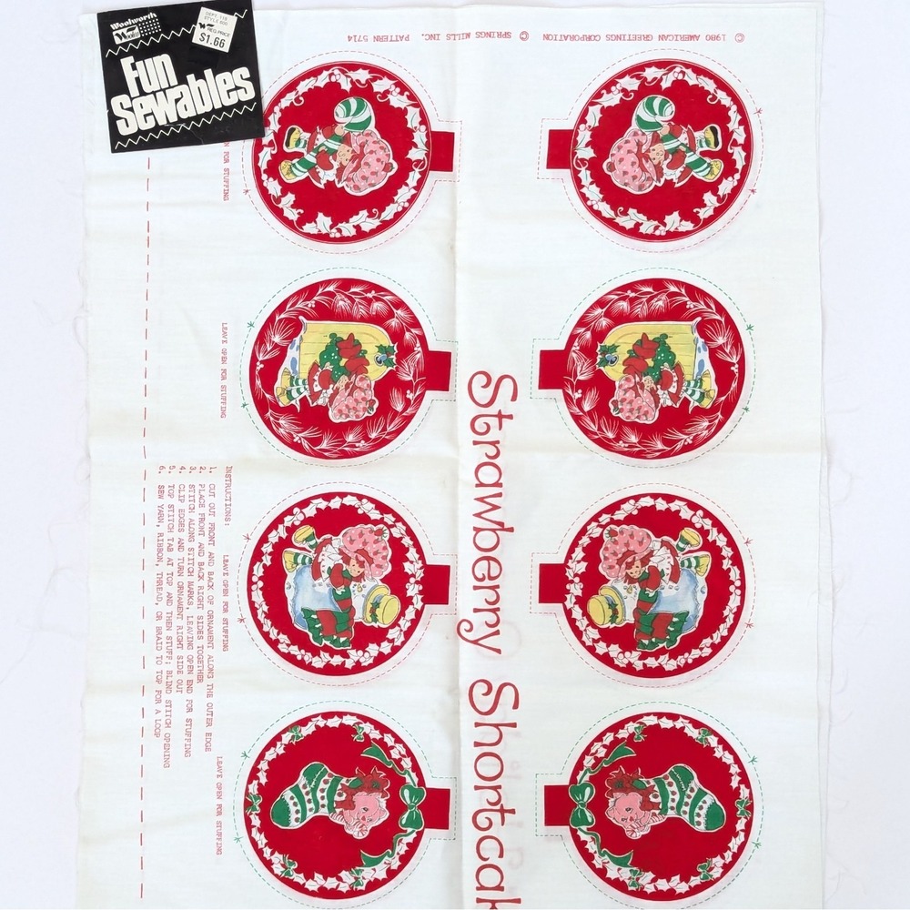 Vintage 1980 Strawberry Shortcake Fabric Panel 8 Ornaments Cut & Sew 5714